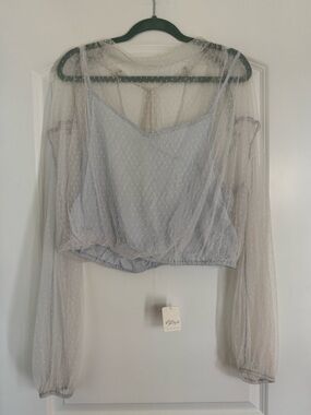 NWT Free People Light Gray Sheer Dot Mesh Cropped Top with Camisole